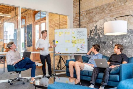 Four digital marketers collaborating on a content plan