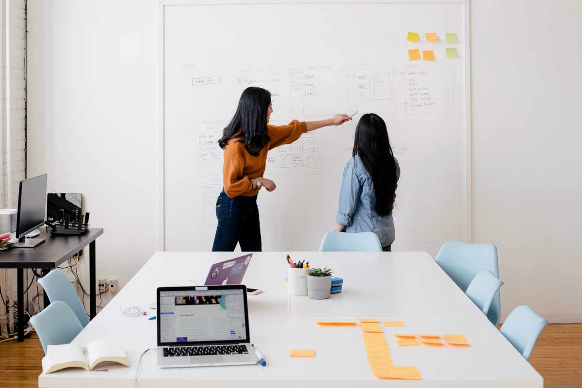 Two digital marketers planning a campaign and discussing content flow on a whiteboard