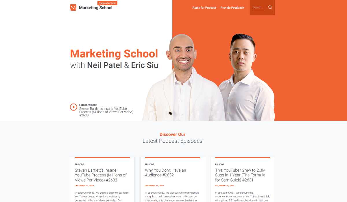 Marketing School podcast hosted by SEO legend Neil Patel and with Eric Siu