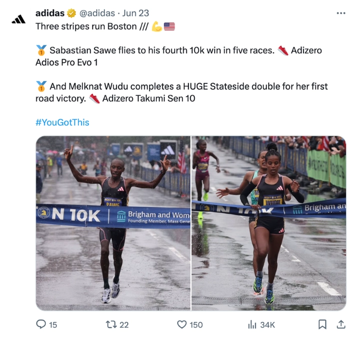 an Adidas tweet celebrating athletes competing in the Boston Marathon 