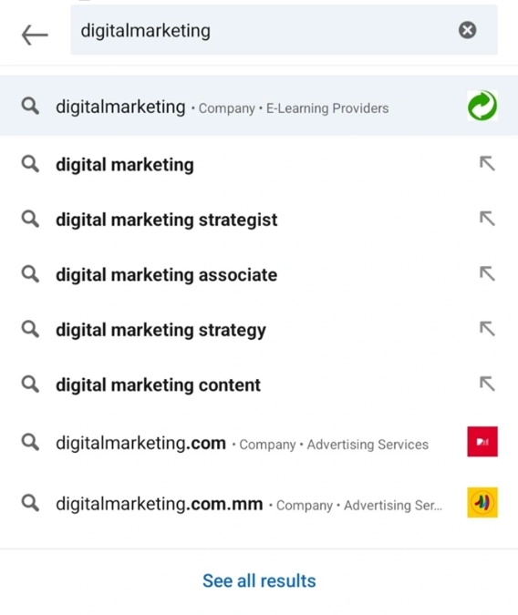 types of content you’ll see if you type ‘digitalmarketing’ into the LinkedIn search field