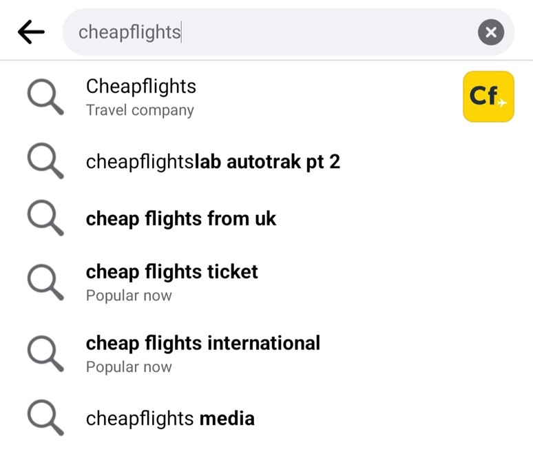 example of how a Facebook search might work looking for a generic hashtag 'cheapflights'