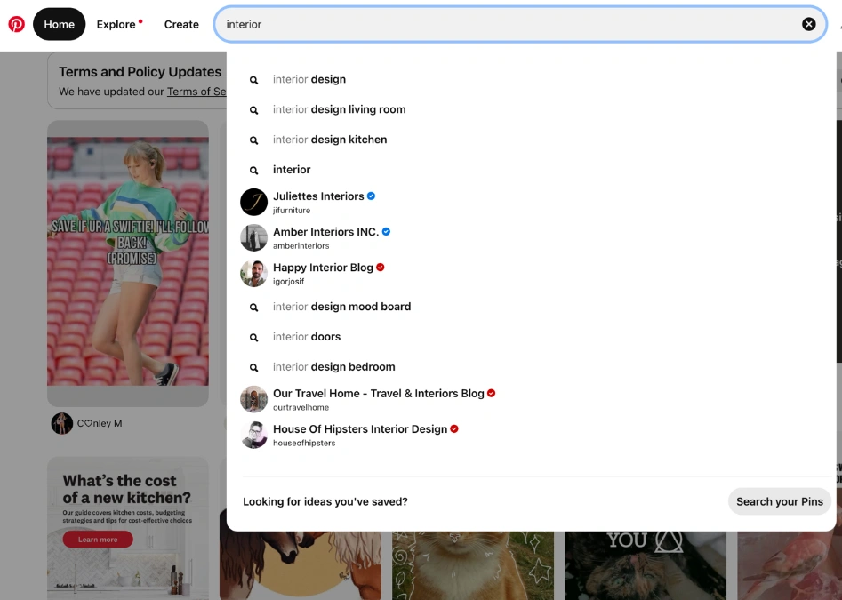 screenshot showing how Pinterest search terms work – and why using a similar hashtag will help your content rank higher